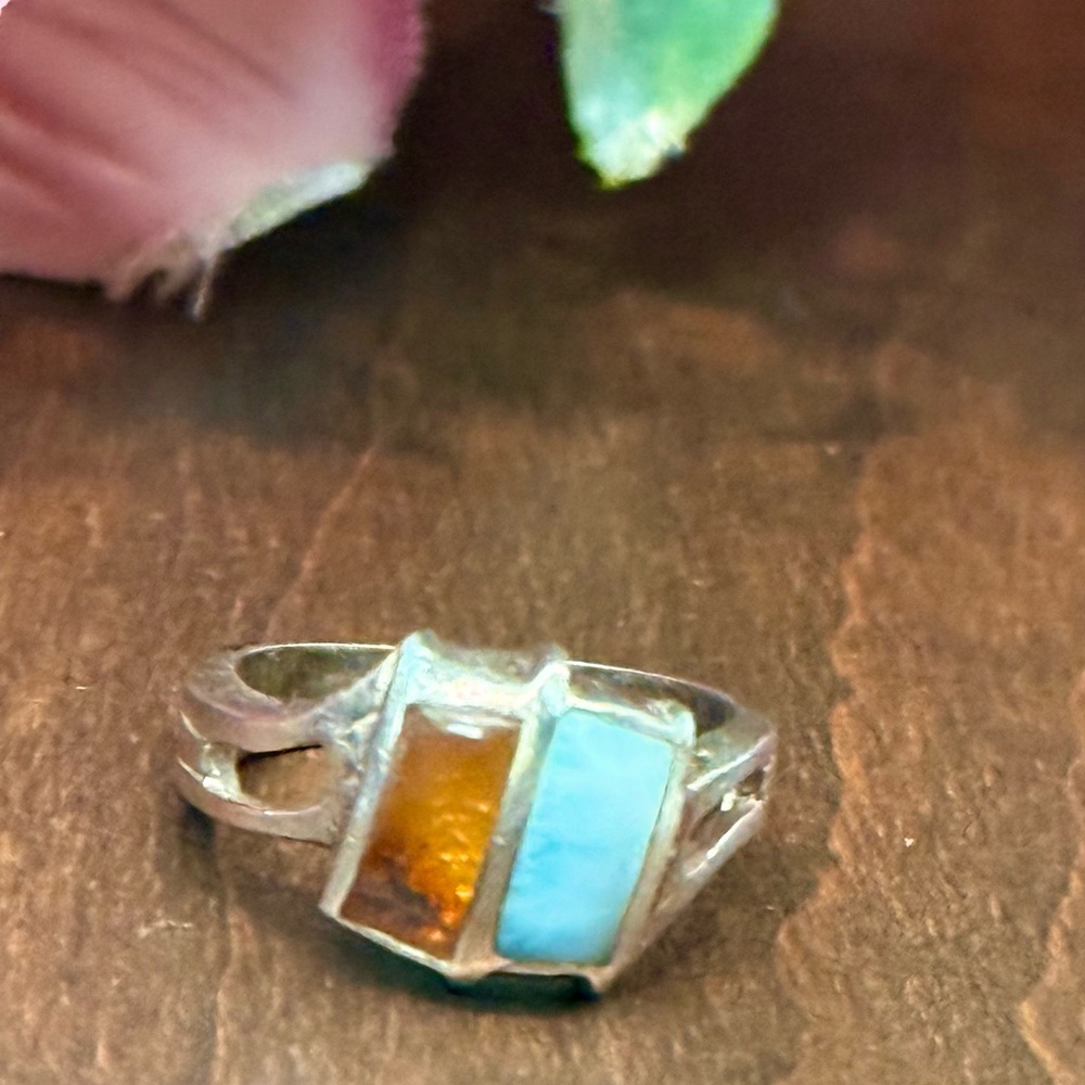 Authentic Dominican Handcrafted Larimar and Amber Ring - Picture 9 of 10